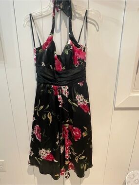 Black Floral silk Halter Cocktail Dress with Pink Roses